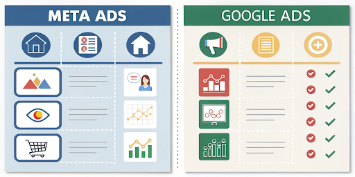 Comparison between Meta Ads and Google Ads showcasing the key differences in digital advertising platforms .
            